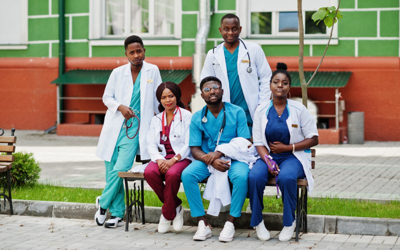 Group of african medical students posed outdoor.